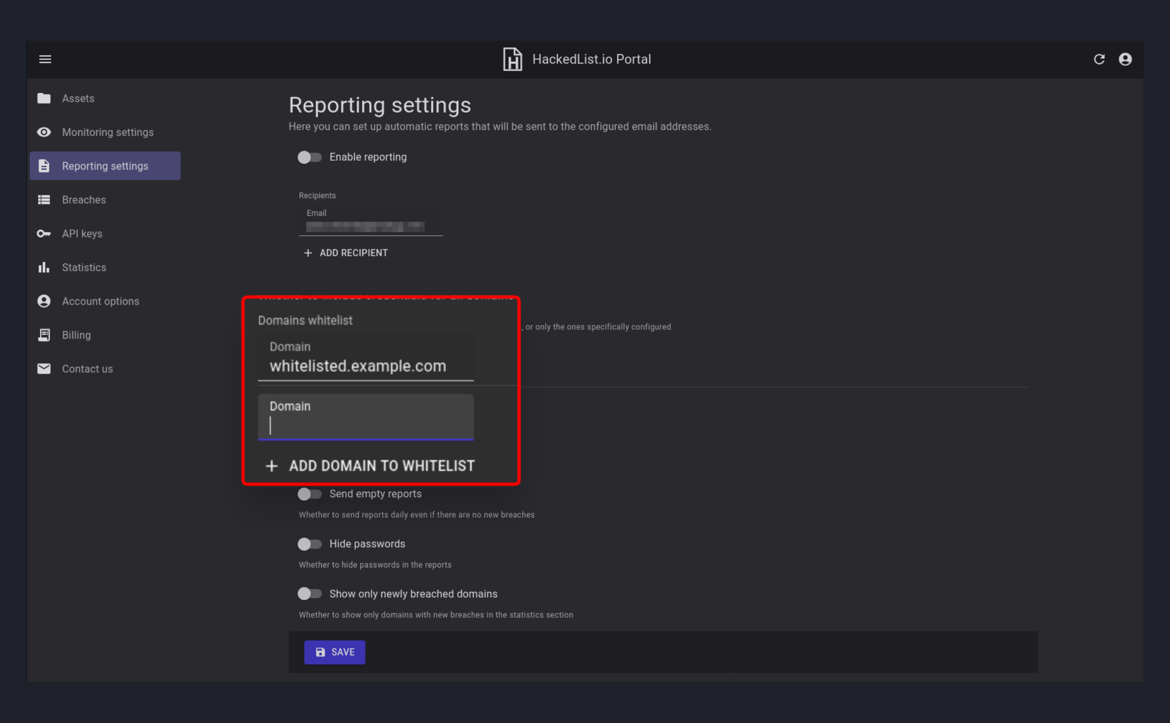 HackedList.io Portal: Reporting settings / add whitelisted